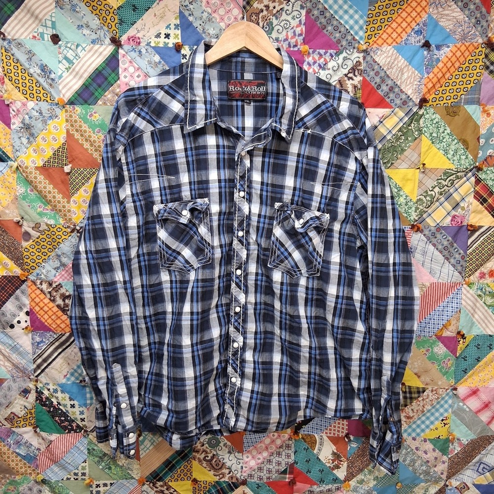 Rock &‎ Roll Cowboy Pearl Snap Western Blue Plaid Shirt Size XXL Rodeo Panhandle